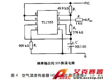 图4 空气湿度传感器HS1101应用示意图